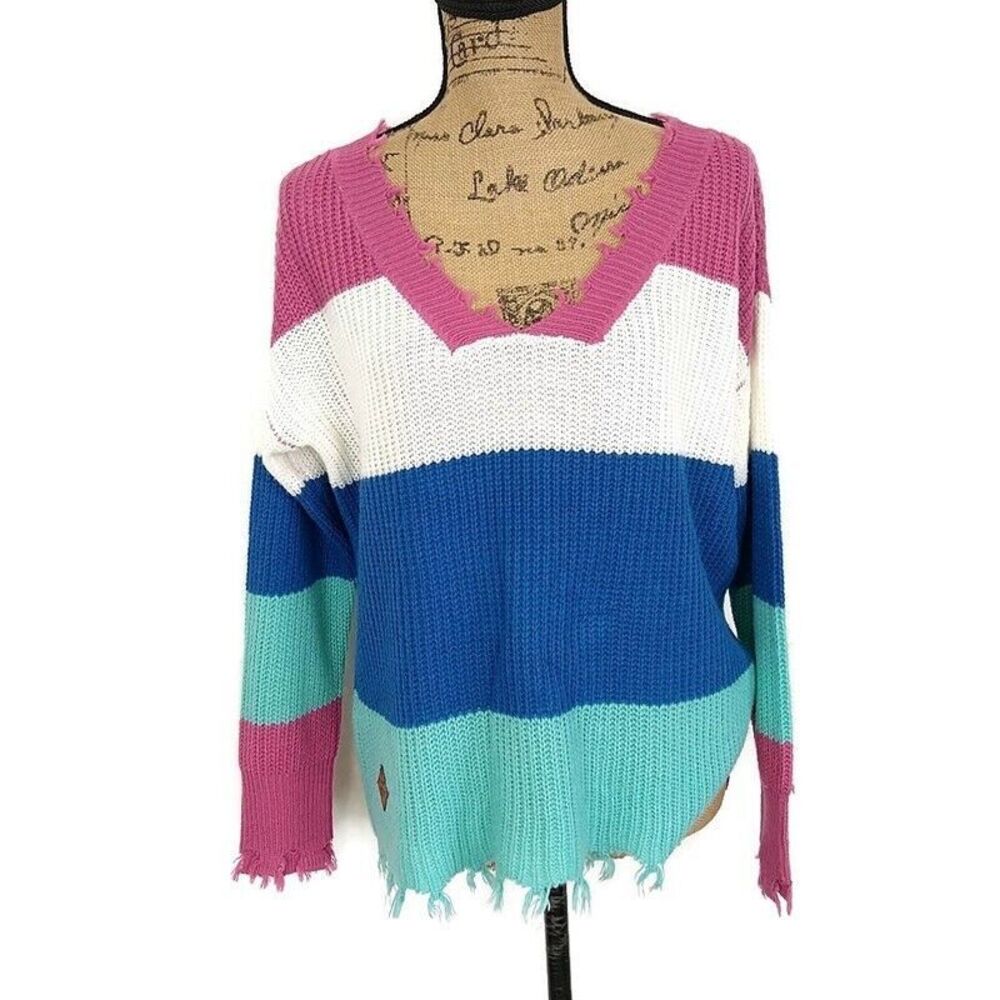 Simply Southern Womens sz S Sweater Pullover V Neck Pink Blue White Frayed Trim